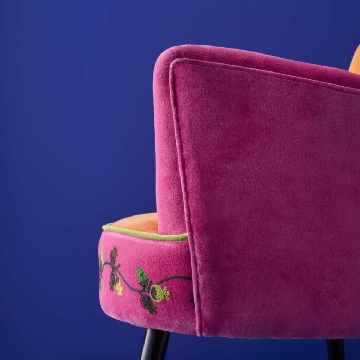 Velvet Armchair with Bird Design Kolibri Orange-Pink Hand Embroidered