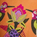 Velvet Armchair with Bird Design Kolibri Orange-Pink Hand Embroidered