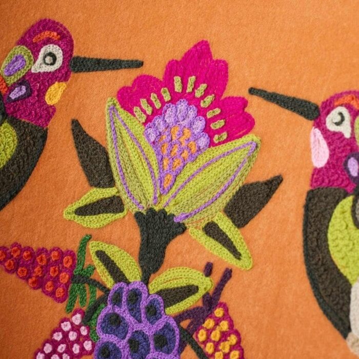 Velvet Armchair with Bird Design Kolibri Orange-Pink Hand Embroidered