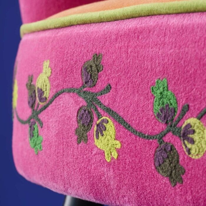 Velvet Armchair with Bird Design Kolibri Orange-Pink Hand Embroidered