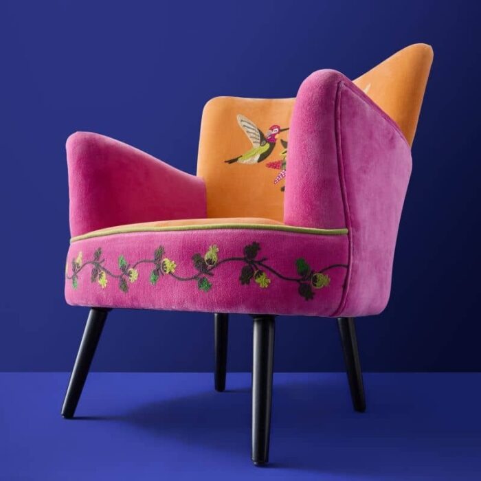 Velvet Armchair with Bird Design Kolibri Orange-Pink Hand Embroidered