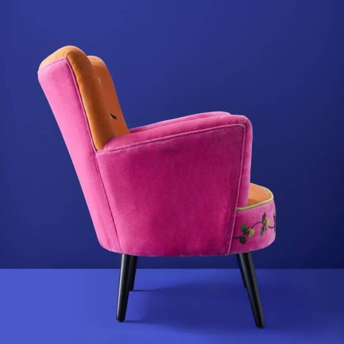 Velvet Armchair with Bird Design Kolibri Orange-Pink Hand Embroidered