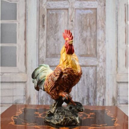 CAST IRON COLORFUL ROOSTER SCULPTURE