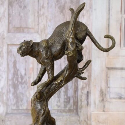 PANTHER ON BRANCH BRONZE SCULPTURE ON MARBLE BASE