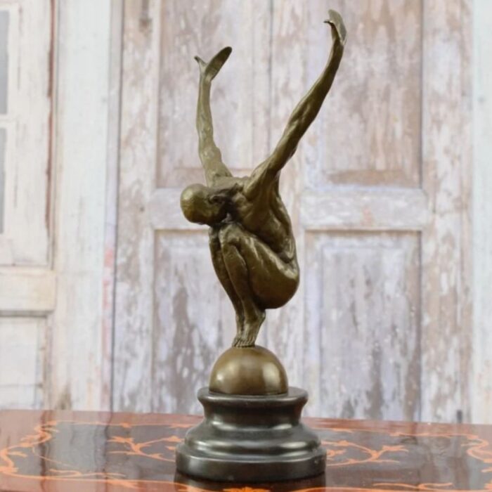 SWIMMER BRONZE STATUE ON MARBLE BASE MAN ACT DIVER BRONZE SCULPTURE