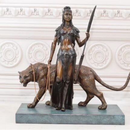 WARRIOR AMAZON GODDESS WITH TIGER BRONZE STATUE