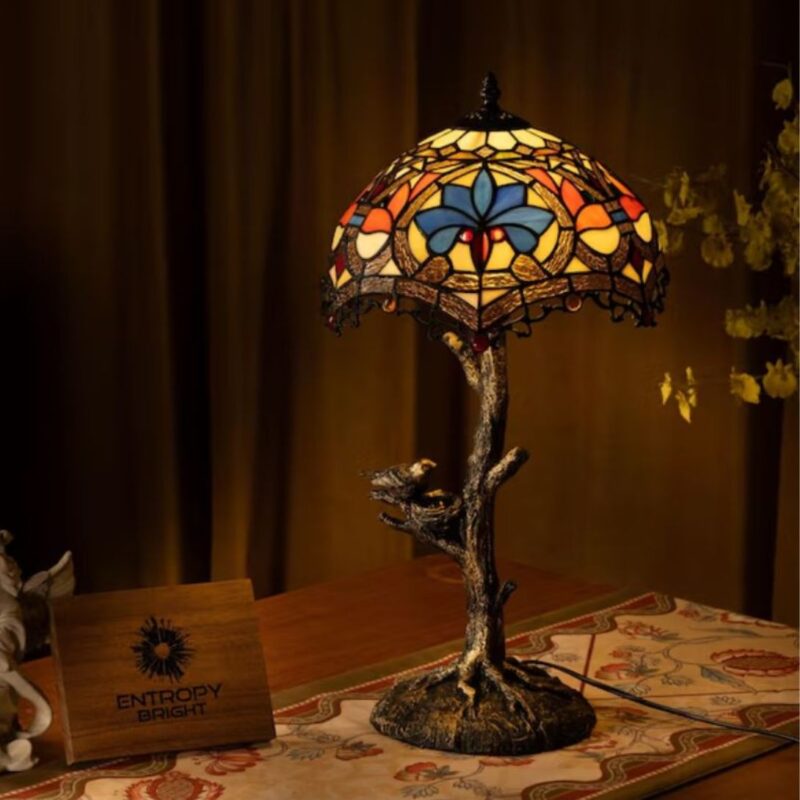 TIFFANY TABLE LAMP BLUE PETAL GROVE WITH STAINED GLASS SHADE