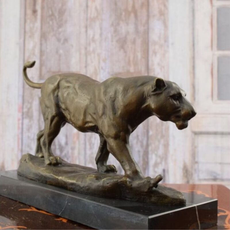 LARGE SOLID AND HEAVY TIGER BRONZE SCULPTURE ON MARBLE BASE