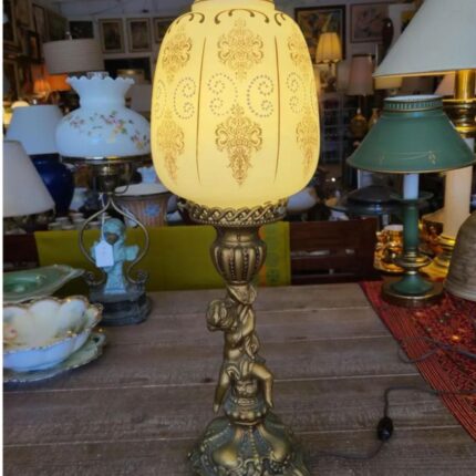 VINTAGE CAST METAL CHERUB LAMP WITH SATIN GLASS SHADE