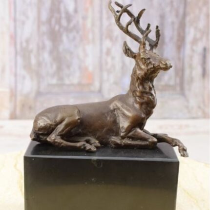 LYING DEER BRONZE STATUE ON MARBLE BASE