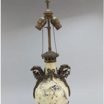 FRENCH WHITE AND BLACK MARBLE BRONZE LAMP EAGLES FLORAL GARLANDS