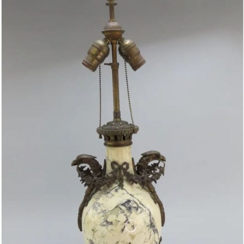 FRENCH WHITE AND BLACK MARBLE BRONZE LAMP EAGLES FLORAL GARLANDS