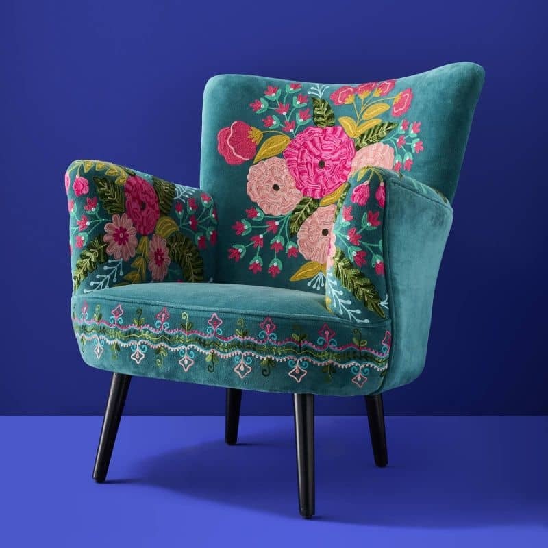 Velvet Armchair with Floral Design Frida Turquoise Hand Embroidered