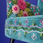 Velvet Armchair with Floral Design Frida Turquoise Hand Embroidered