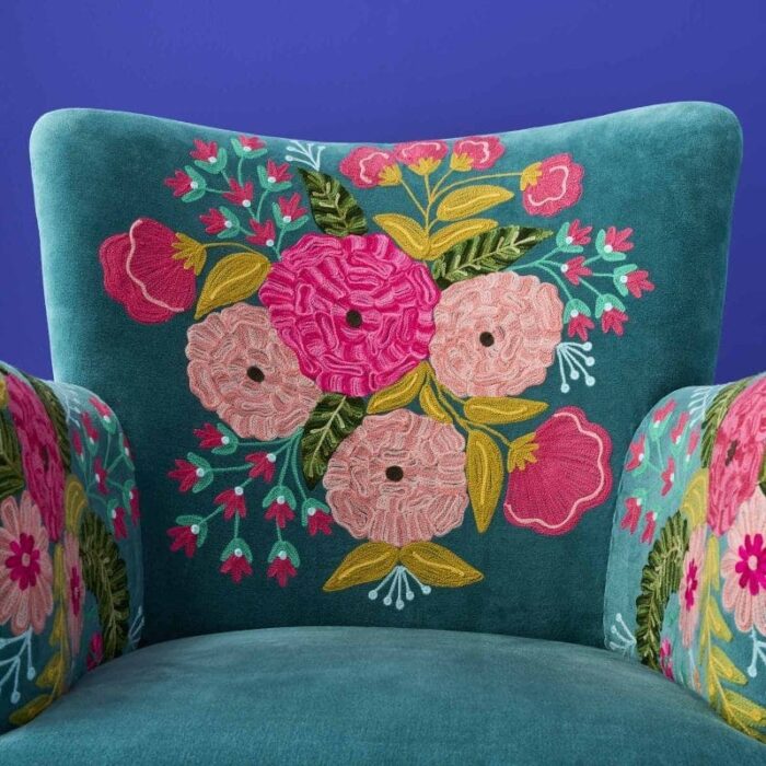 Velvet Armchair with Floral Design Frida Turquoise Hand Embroidered