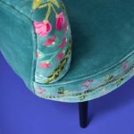 Velvet Armchair with Floral Design Frida Turquoise Hand Embroidered