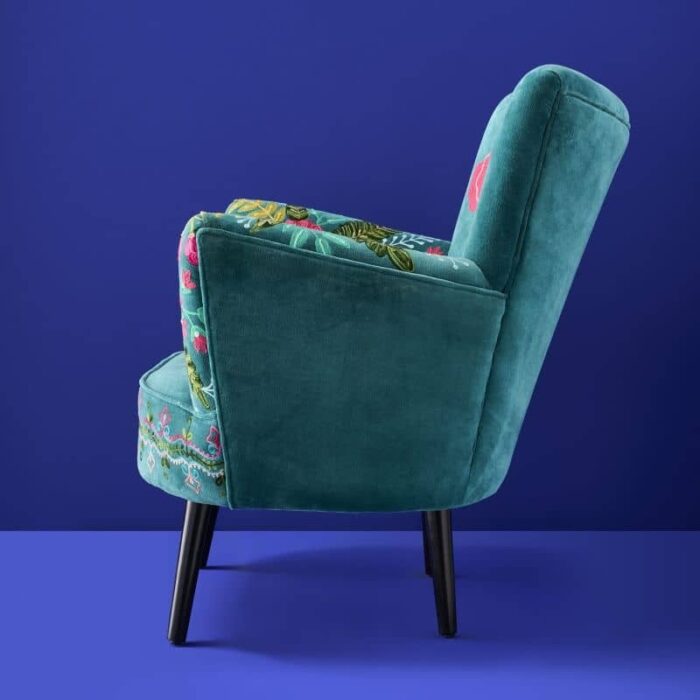 Velvet Armchair with Floral Design Frida Turquoise Hand Embroidered