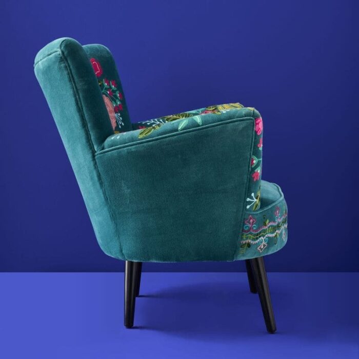 Velvet Armchair with Floral Design Frida Turquoise Hand Embroidered