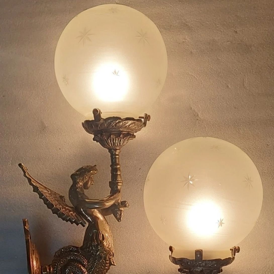 1 PAIR ANTIQUE VINTAGE OLD ART DECO NOUVEAU BRASS MERMAID WALL SCONCES LIGHT LAMP
