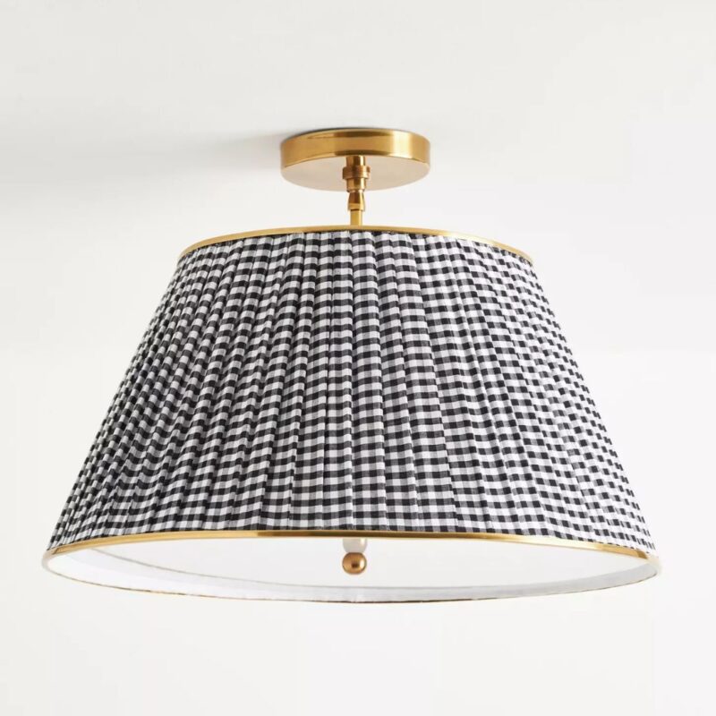LEE RUCHED PRINTED BRASS FLUSH MOUNT PENDANT BLACK AND WHITE GINGHAM