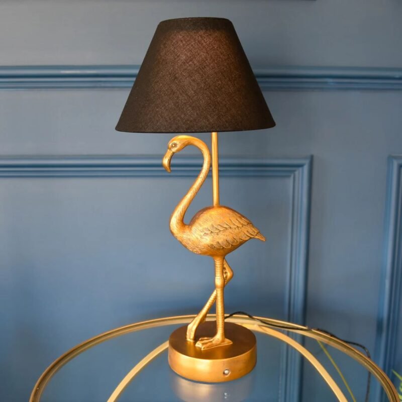 ANTIQUE GOLD FLAMINGO LAMP W/BLACK SHADE