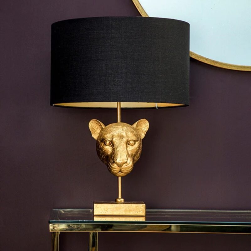 ELEGANT LEOPARD HEAD LAMP BASE WITH BLACK SHADE