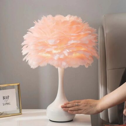 FEATHER GREY TABLE LAMP ELEGANT FOR BEDSIDE WITH TOUCH CONTROL