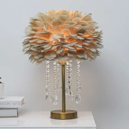 FEATHER TABLE LAMP WITH ROMANTIC CRYSTAL TASSELS LIGHT BROWN