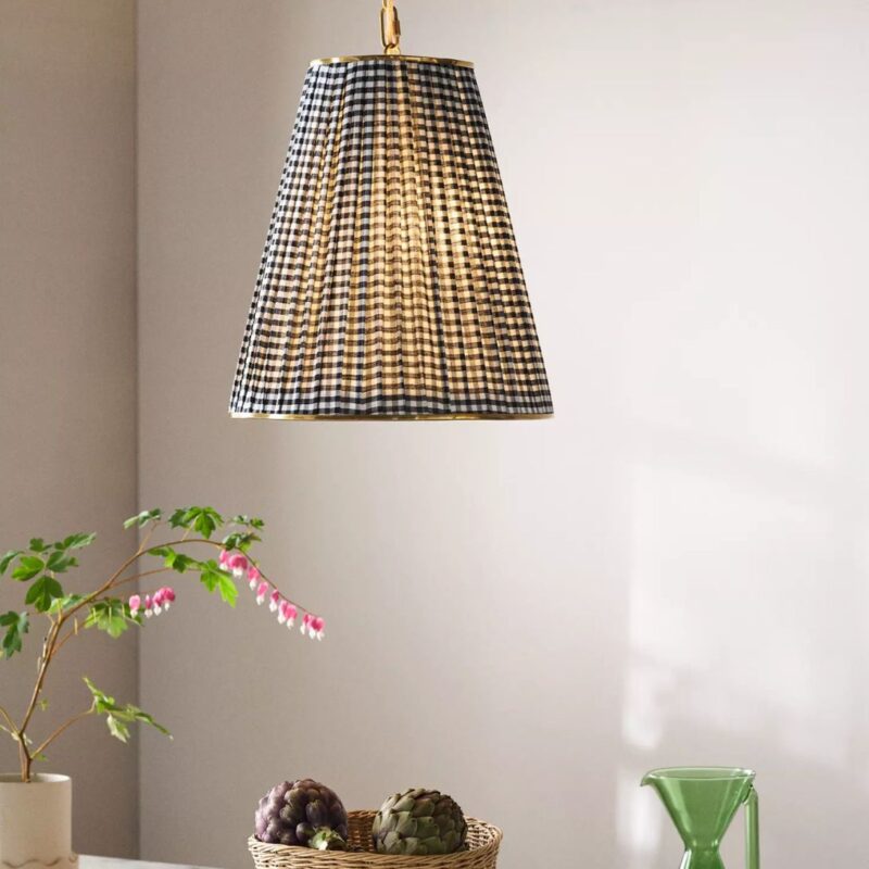 LEE RUCHED ARTICULATING PRINTED SHADE BRASS TALL PENDANT BLACK AND WHITE