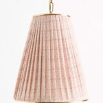 LEE RUCHED ARTICULATING PRINTED SHADE BRASS TALL PENDANT PINK FLORAL PRINT
