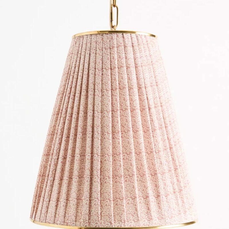 LEE RUCHED ARTICULATING PRINTED SHADE BRASS TALL PENDANT PINK FLORAL PRINT