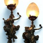 PAIR ANTIQUE VINTAGE OLD ART DECO NOUVEAU BRASS MERMAID WALL SCONCES LIGHT LAMP