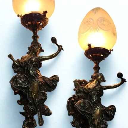 PAIR ANTIQUE VINTAGE OLD ART DECO NOUVEAU BRASS MERMAID WALL SCONCES LIGHT LAMP