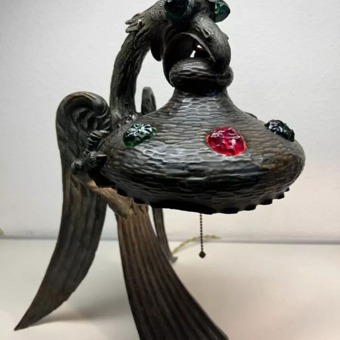 ANTIQUE ART NOUVEAU JEWELLED CHUNK GLASS AUSTRIAN BRONZE GRIFFON DRAGON LAMP