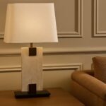 MADISON TABLE LAMP TRAVERTINE AND OFF WHITE LINEN