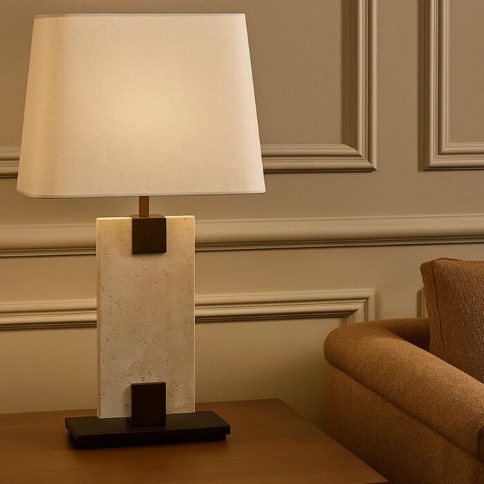 MADISON TABLE LAMP TRAVERTINE AND OFF WHITE LINEN