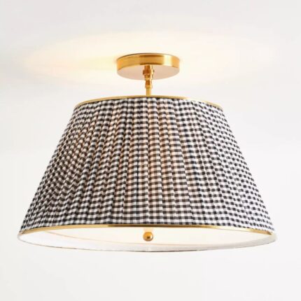 LEE RUCHED PRINTED BRASS FLUSH MOUNT PENDANT BLACK & WHITE GINGHAM