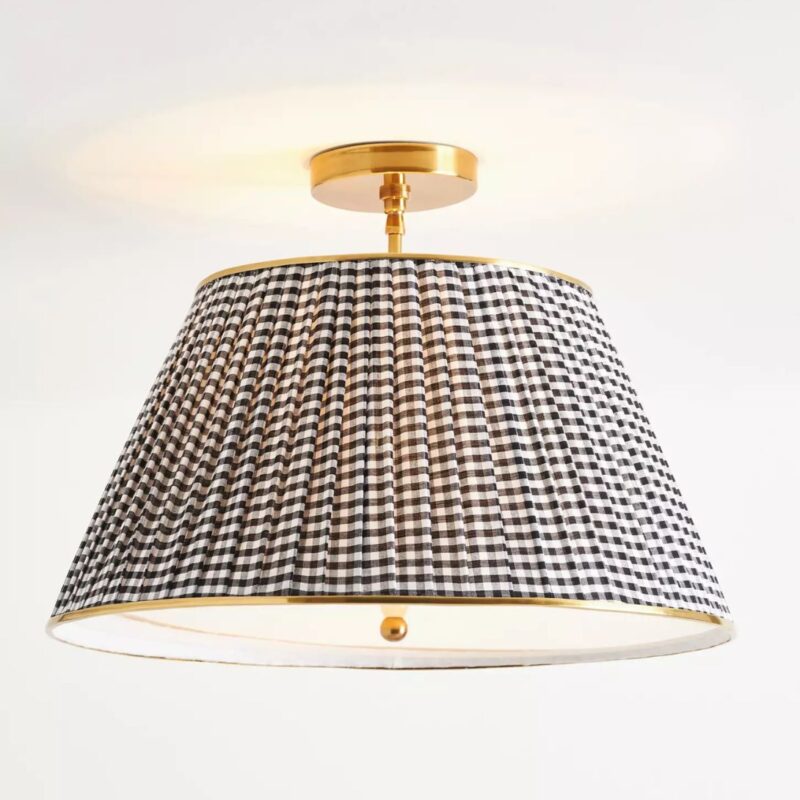 LEE RUCHED PRINTED BRASS FLUSH MOUNT PENDANT BLACK & WHITE GINGHAM