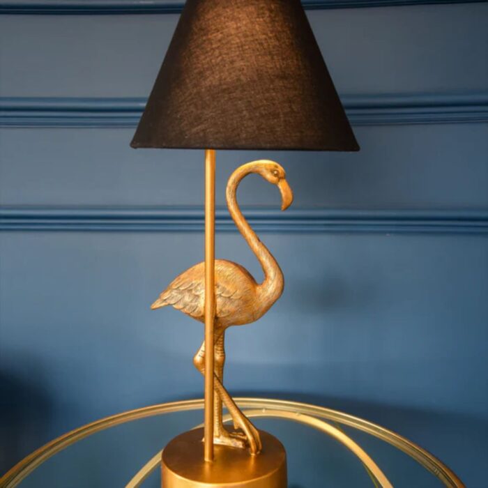 ANTIQUE GOLD FLAMINGO LAMP W/BLACK SHADE