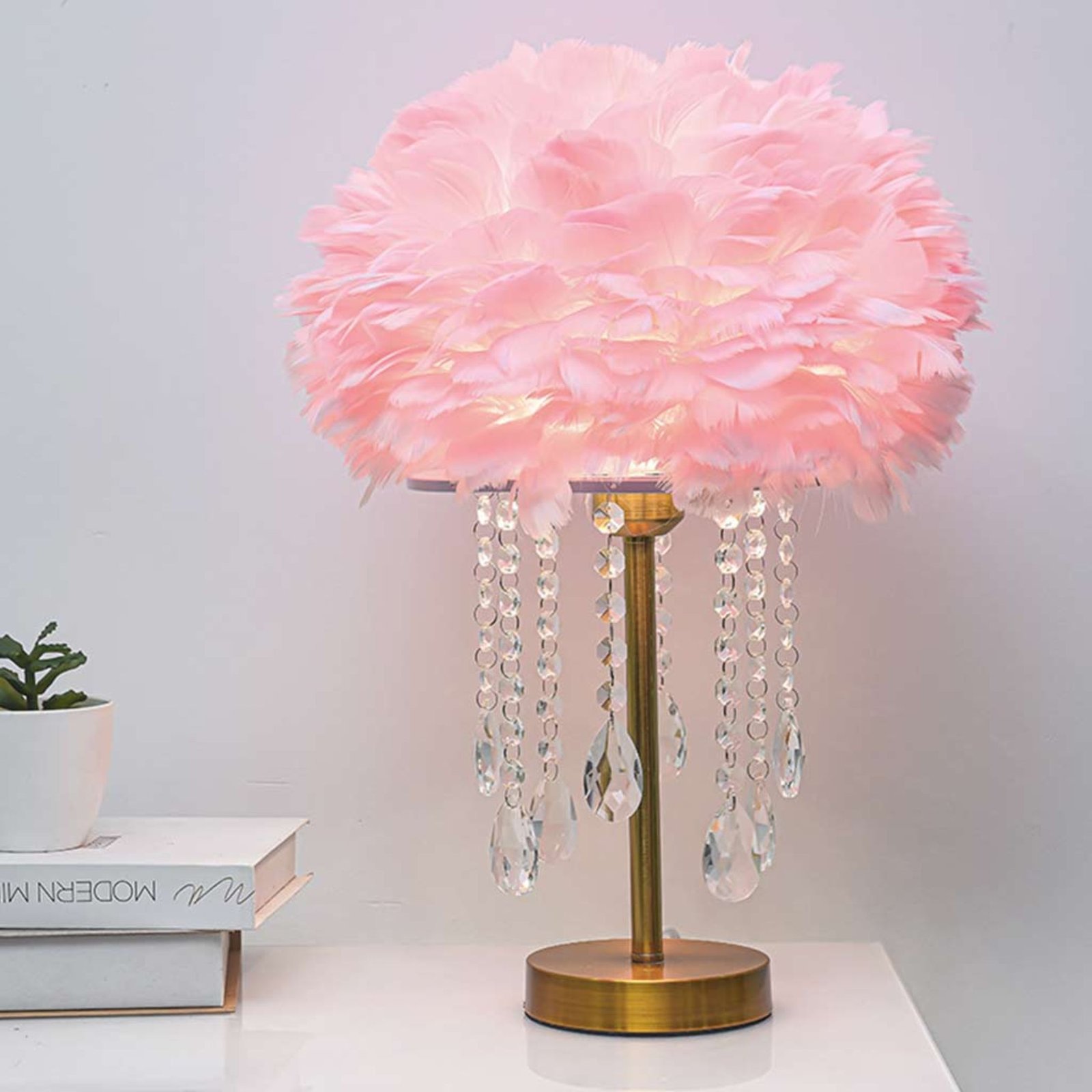 2 FEATHER TABLE LAMP WITH ROMANTIC CRYSTAL TASSELS PINK