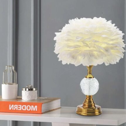 FEATHER TABLE LAMP ROMANTIC CRYSTAL GLOBE WITH BRASS LAMP BASE WHITE