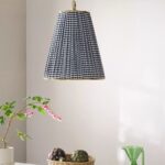 LEE RUCHED ARTICULATING PRINTED SHADE BRASS TALL PENDANT BLACK AND WHITE