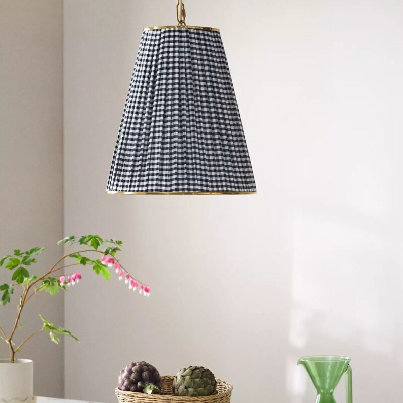 LEE RUCHED ARTICULATING PRINTED SHADE BRASS TALL PENDANT BLACK AND WHITE