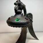 ANTIQUE ART NOUVEAU JEWELLED CHUNK GLASS AUSTRIAN BRONZE GRIFFON DRAGON LAMP