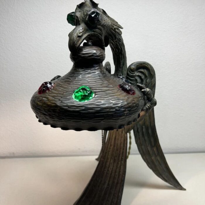 ANTIQUE ART NOUVEAU JEWELLED CHUNK GLASS AUSTRIAN BRONZE GRIFFON DRAGON LAMP