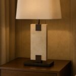 MADISON TABLE LAMP TRAVERTINE AND OFF WHITE LINEN