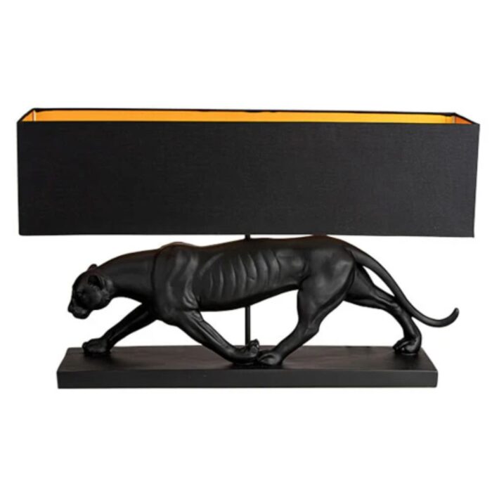 BLACK PANTHER LAMP BASE WITH A BLACK AND GOLD LAMP SHADE