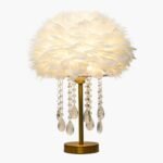 FEATHER TABLE LAMP WITH ROMANTIC CRYSTAL TASSELS WHITE