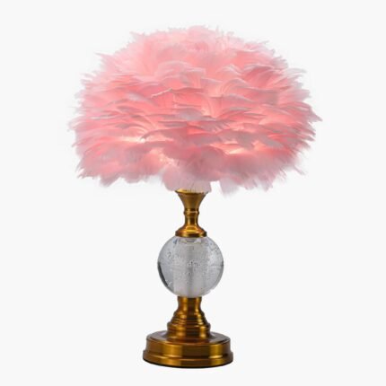 FEATHER TABLE LAMP ROMANTIC CRYSTAL GLOBE WITH BRASS LAMP BASE PINK