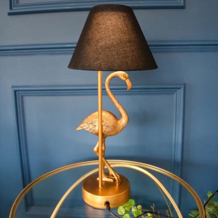ANTIQUE GOLD FLAMINGO LAMP W/BLACK SHADE